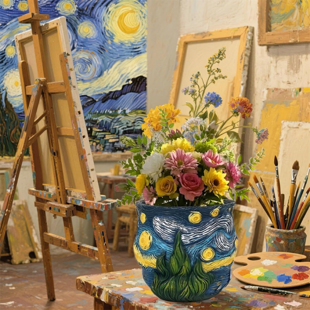 Starry Night Planter Pot, Van Gogh Flower Pot, Unique Resin Vase for Plants