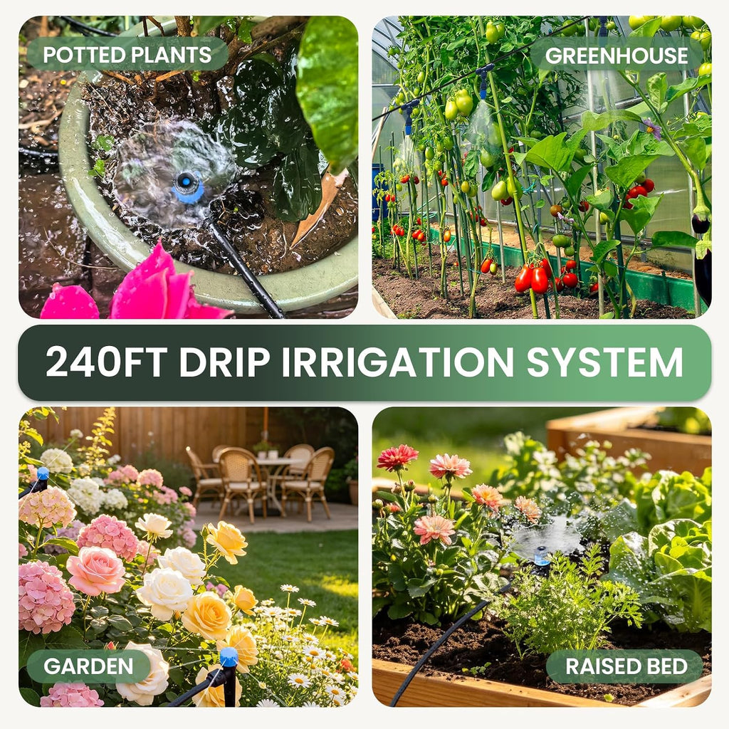 240FT Drip Irrigation System Kits, Quick-Connect Garden Watering System for Raised Bed, Potted Plants, Lawn, Greenhouse