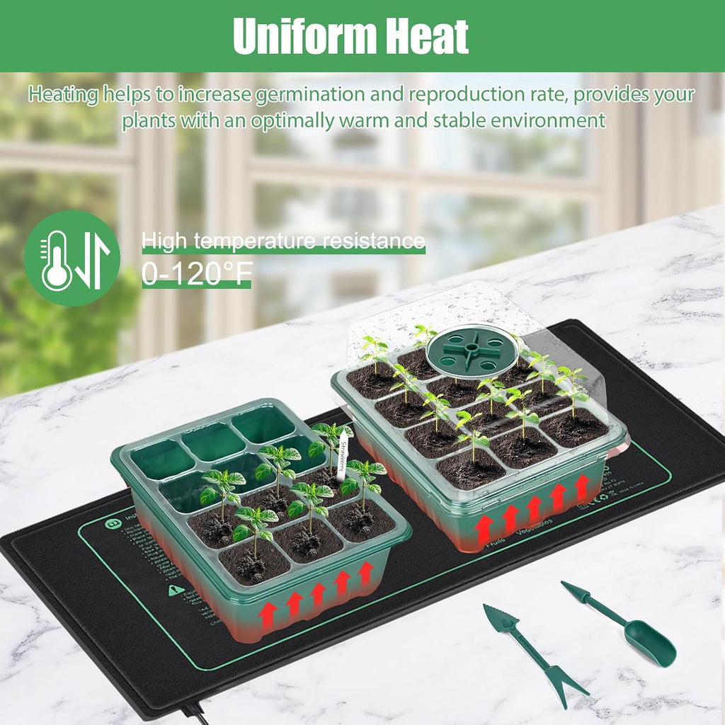 Sckee 6 Pack Seed Starter Tray with 10"x20.75" Seedling Heat Mat, Seed Starter Kit with Humidity Dome, Seed Starting