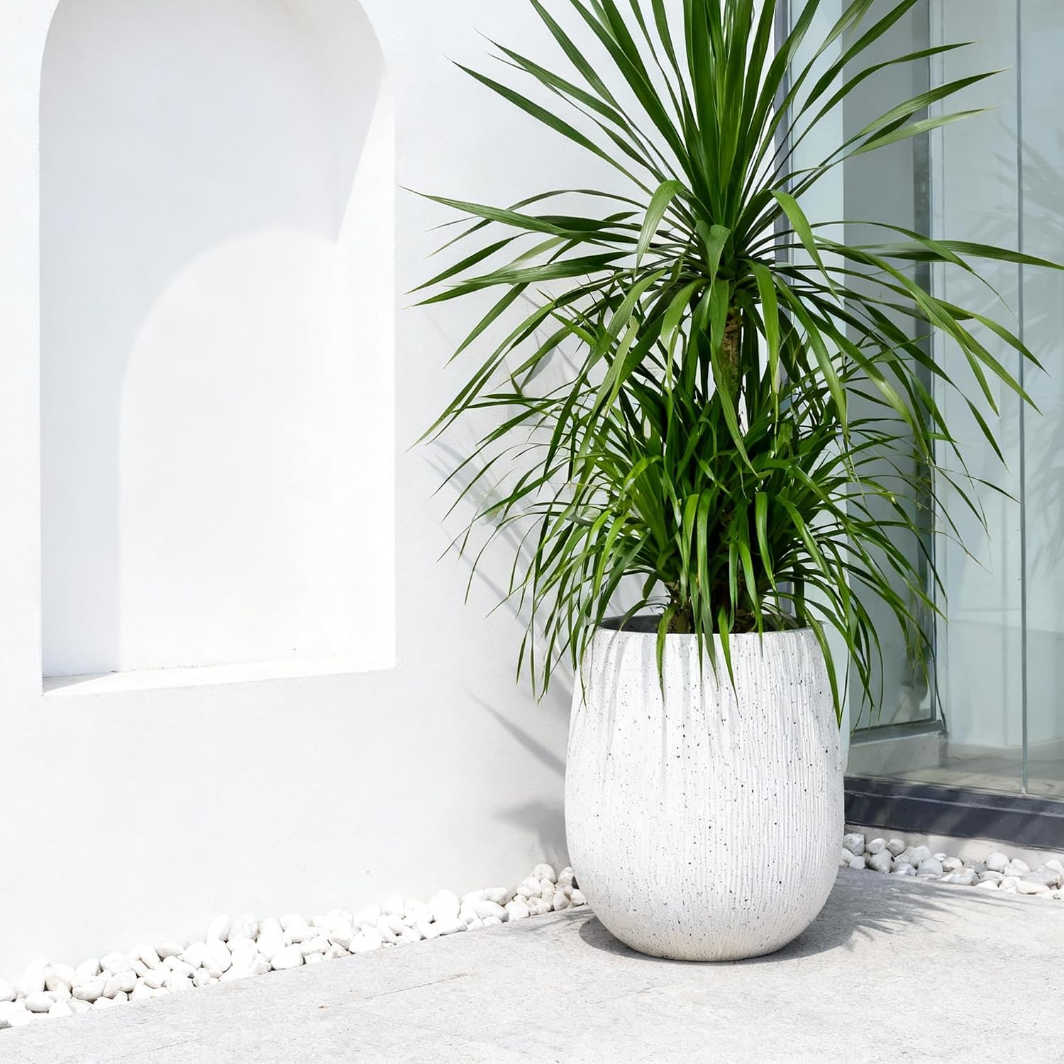 Worth Garden White Large Round Planter, 12.5" Dia x 18.5" H Lightweight Magnesium Oxide Cement Plant Pot with a Striped