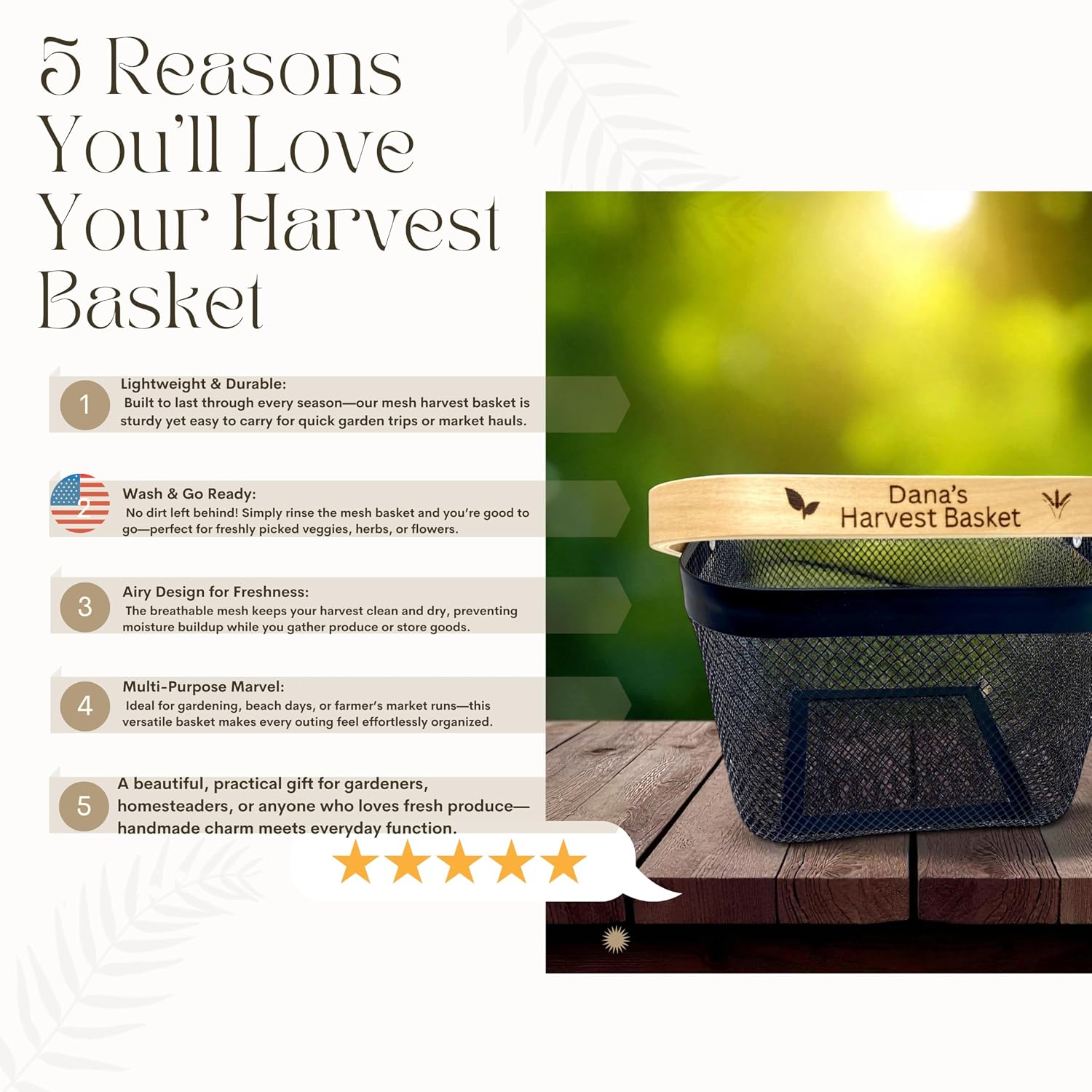 PersonalizedMetal Mesh Harvest Basket with Custom Engraved Handle, Gift For Gardeners, Vegitable Harvesting Basket