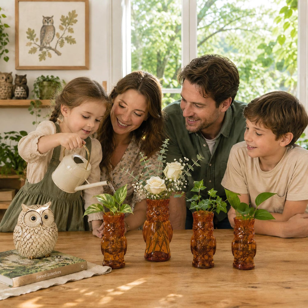 Owl Plant Propagation Station: Set of 4 Cute Brown Glass Vases | Small Plant Terrarium for Hydroponics, Home Office