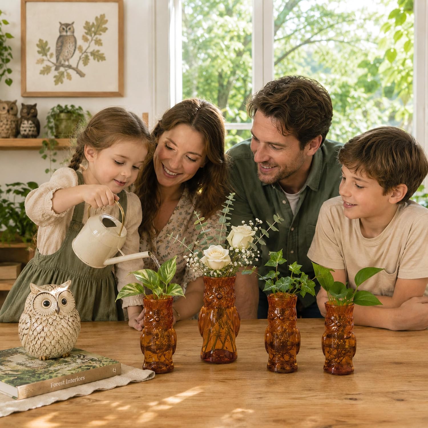 Owl Plant Propagation Station: Set of 4 Cute Brown Glass Vases | Small Plant Terrarium for Hydroponics, Home Office