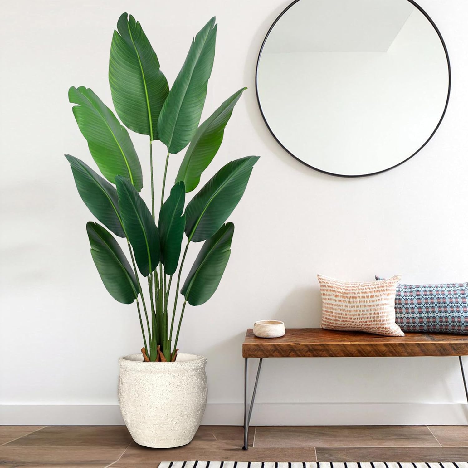 12" Dia Fiberstone Planter – Modern Farmhouse Indoor/Outdoor Flower Pot, Beige Container with Grainy Matte Texture &