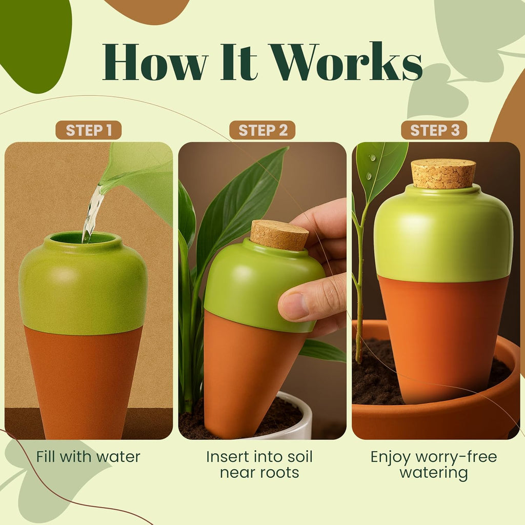 Terracotta Self Watering Planter Insert - Set of 4 Clay Ollas with Slim Bottom for Easy Soil Insertion, Glazed Top