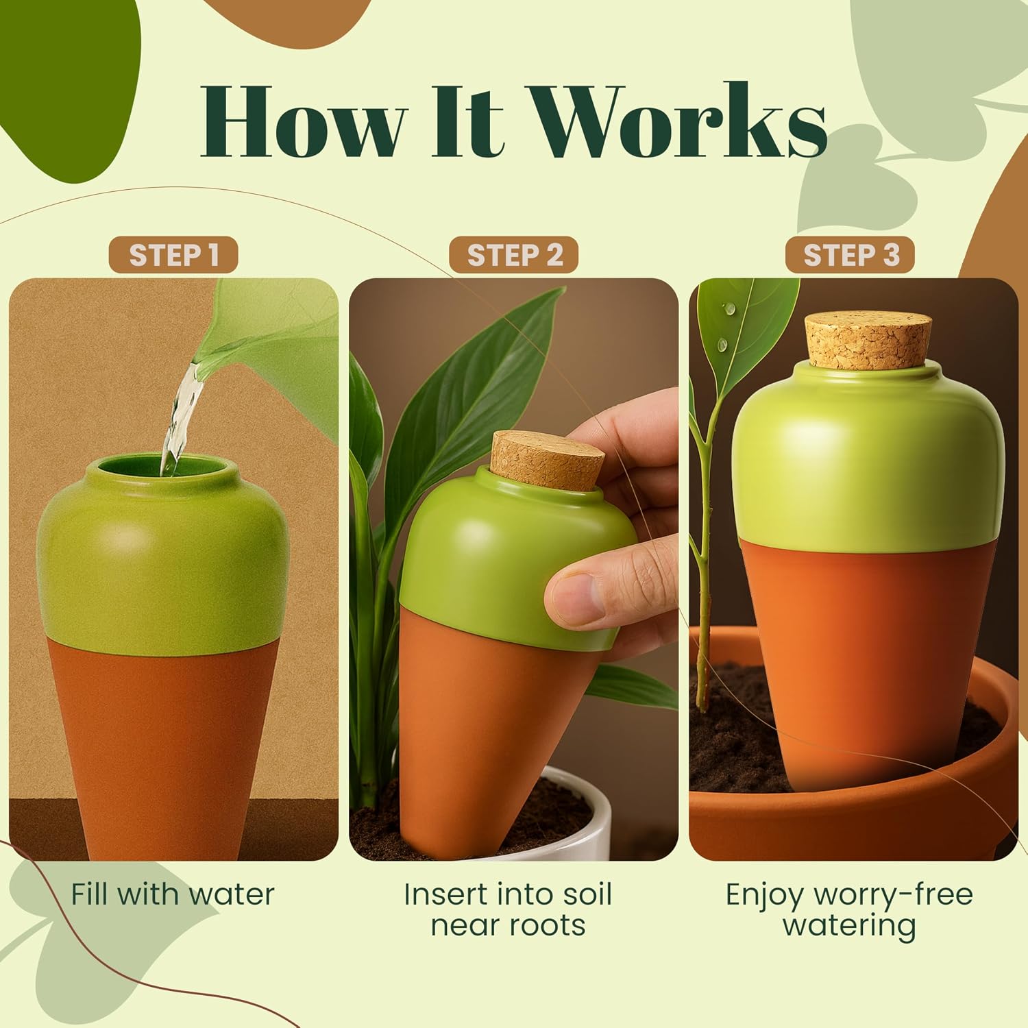 Terracotta Self Watering Planter Insert - Set of 4 Clay Ollas with Slim Bottom for Easy Soil Insertion, Glazed Top