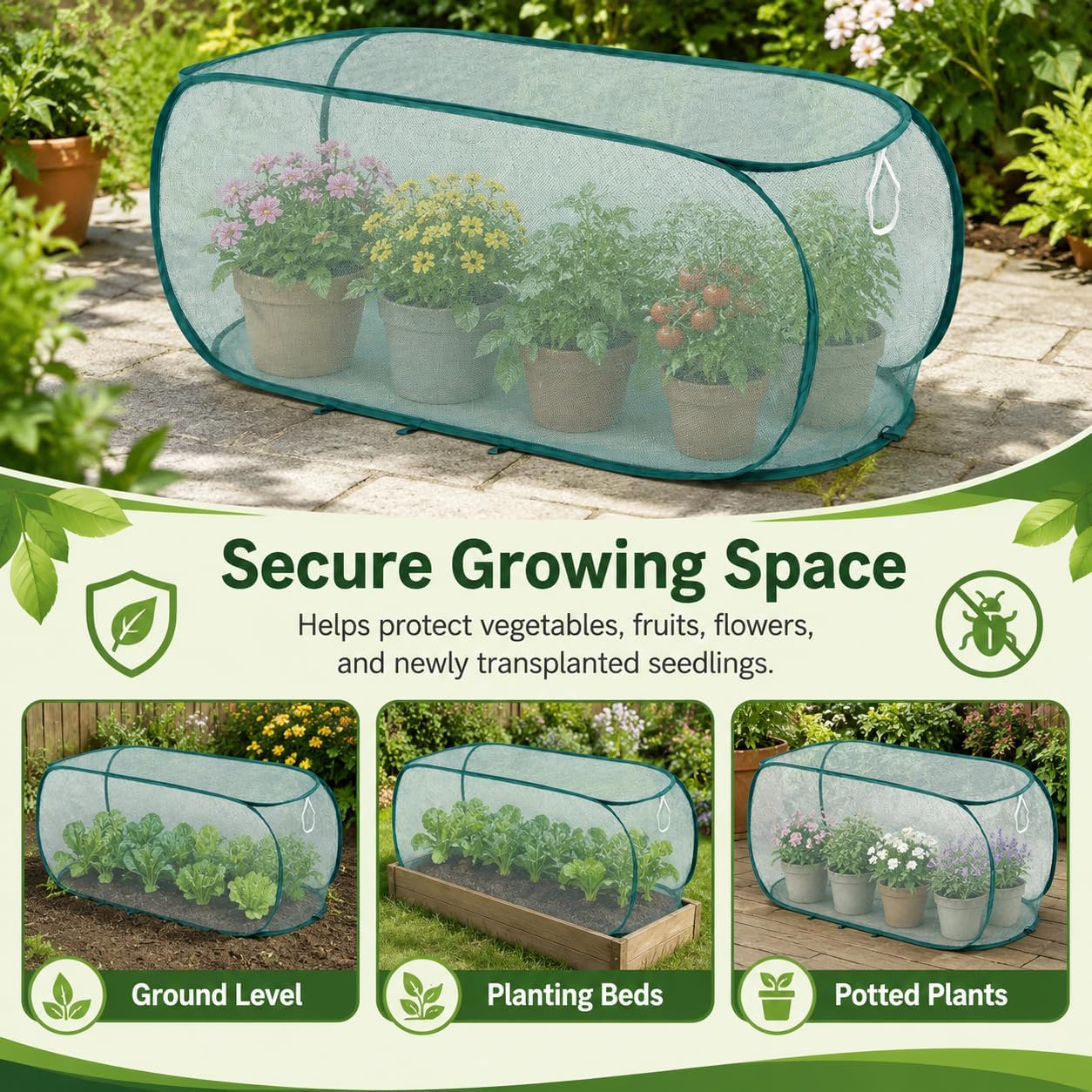 2PCS Pop Up Garden Plant Covers 47" x 18" x 16"-Collapsible Mesh Plant Covers with 30% Sunblock Shade Cloth for Raised