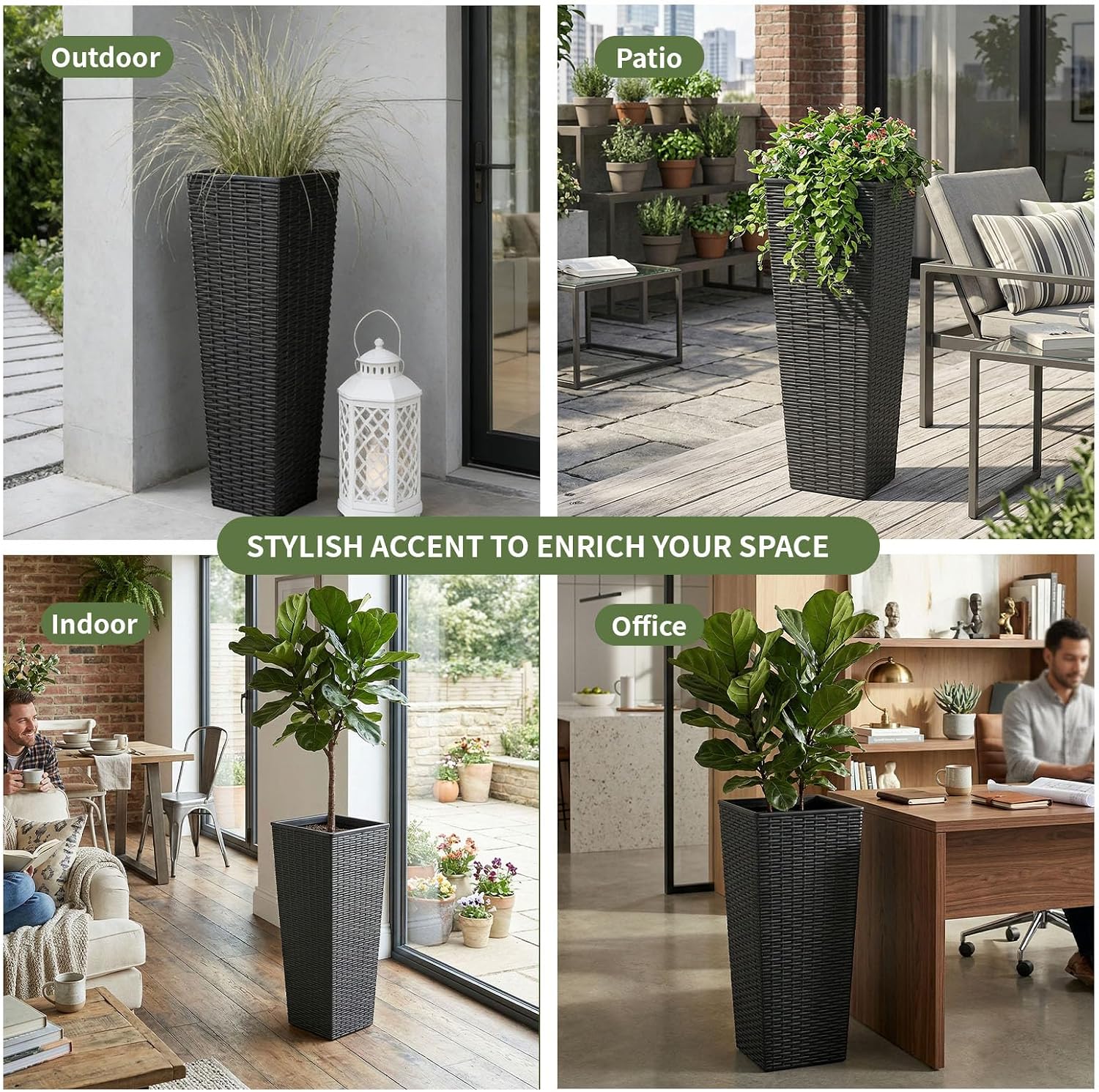 EVLIQUIL 32 Inch Tall Planters Set of 2 with Drainage Holes, Black | Large Rattan Textured Indoor & Outdoor Decorative