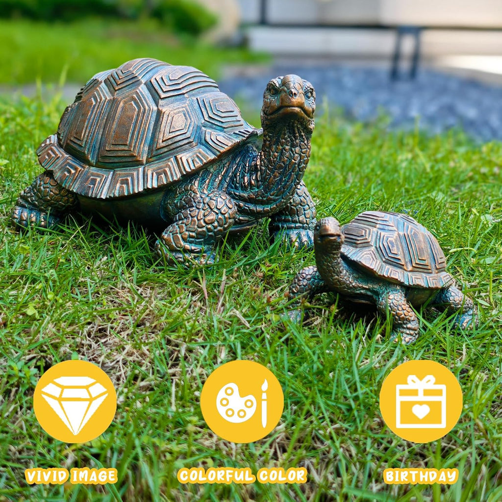 2 Pcs Outdoor Garden Turtle Statue, Mother and Baby Turtle Figurines for Garden, Patio, Lawn, Deck Decor, Resin