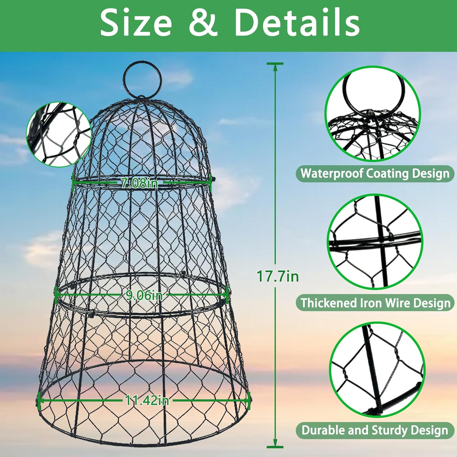 6 PCS 17.7"H X11.42"D Chicken Wire Plant Covers Protectors, Rustproof Heavy Duty Metal Plant Cage with Stakes & Labels