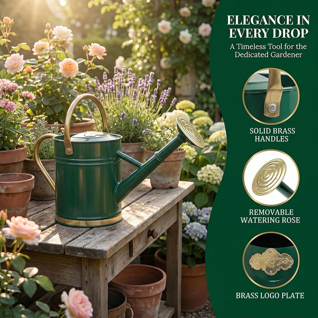 1 Gallon Green Metal Watering Can with Solid Brass Accents | Solid brass top and side handles, removable watering rose