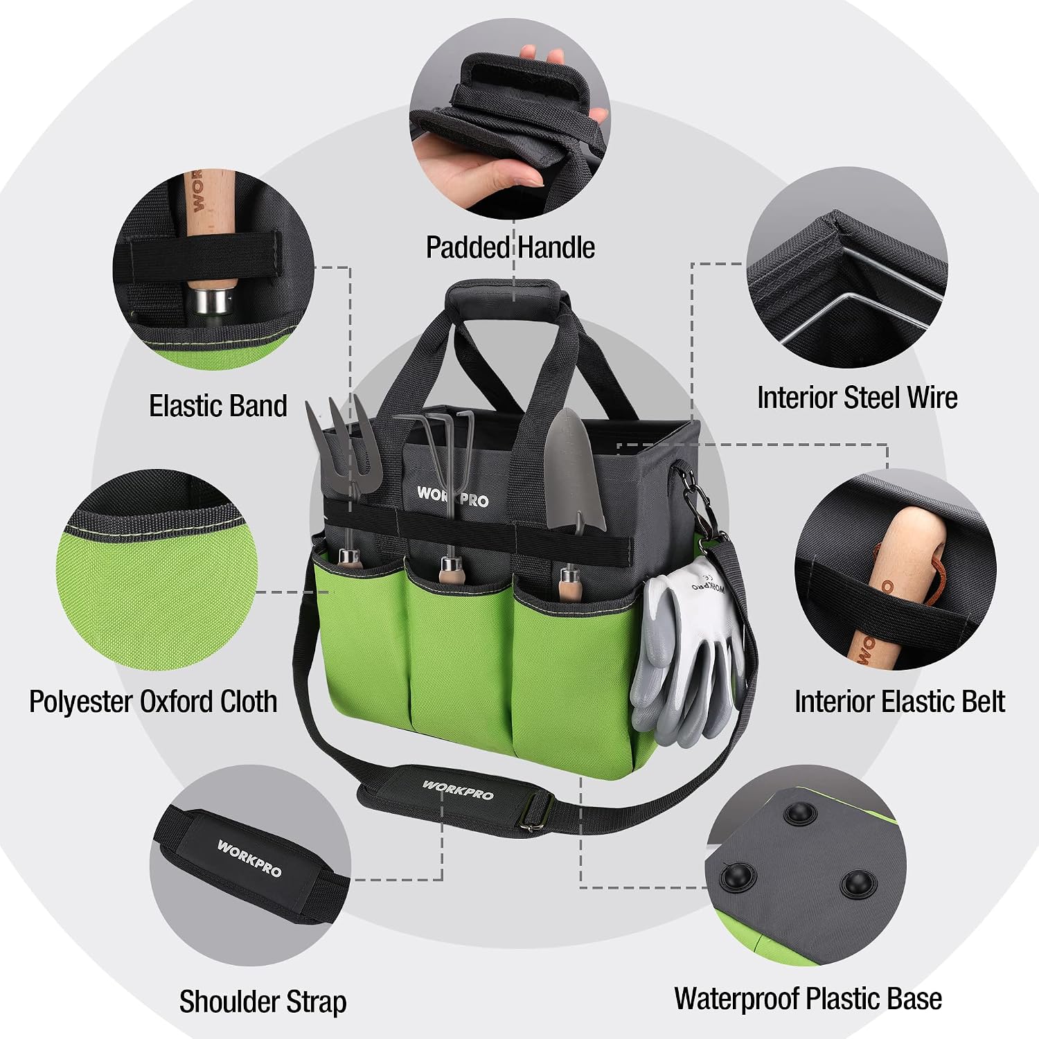 WORKPRO Garden Tool Bag, 10 Pockets and Shoulder Strap, Green | Heavy Duty Gardening Organizer Tote Bag, Standable