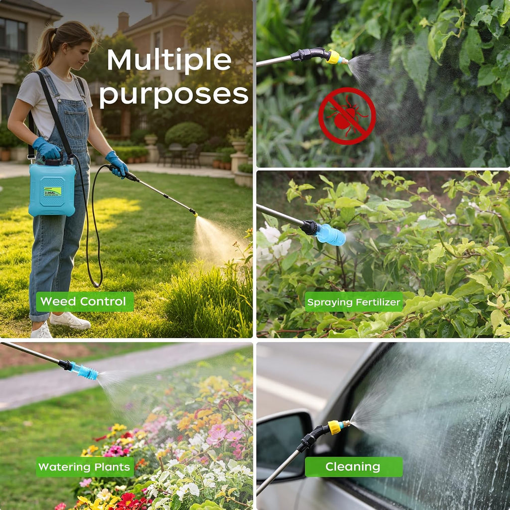 2-Gallon Battery-Powered Sprayer,6 Nozzles,2 Spray Modes, Telescopic Pole | Electric Sprayer for Lawn and Garden