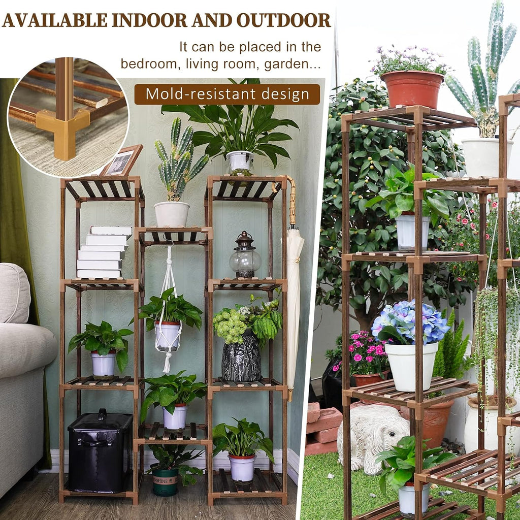 Plant Stand Indoor Outdoor, Tall Plant Shelf for Multiple Plants, 10 tiers 11 Pot Large Plants Holder Rack Wood Plant