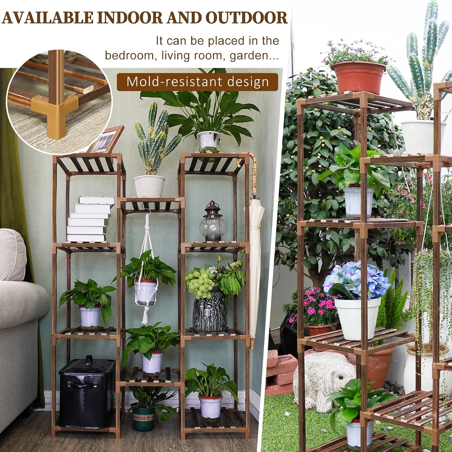 Plant Stand Indoor Outdoor, Tall Plant Shelf for Multiple Plants, 10 tiers 11 Pot Large Plants Holder Rack Wood Plant