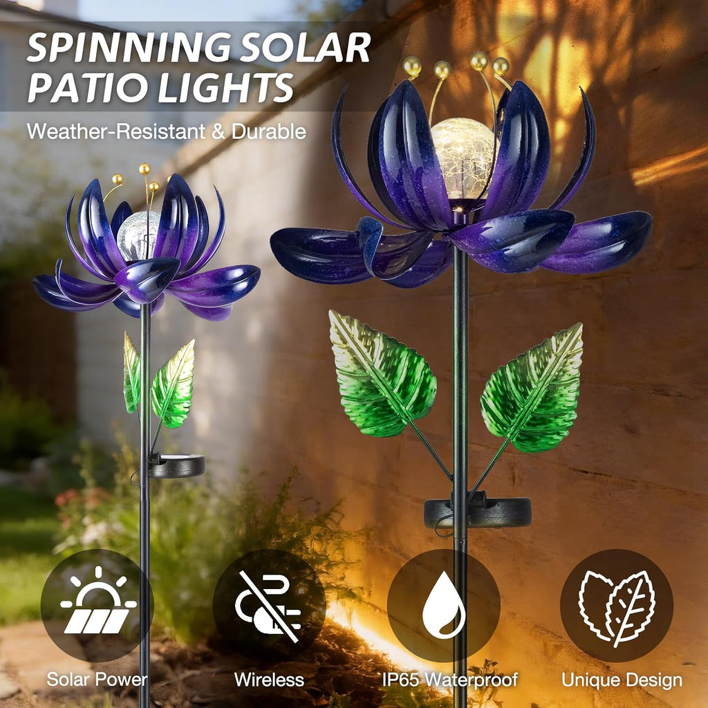 AIINY Solar Purple Metal Flower Wind Spinners, Colorful Spinning Windmill Lotus Yard Art Lights with LED Crystal Ball