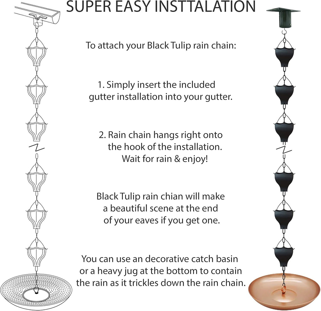 8.5FT Tulip Iron Rain Chain for Gutters and Rain Barrel, Black | Rain Chains for Downspout, Rust-Prevent Plated, Thick