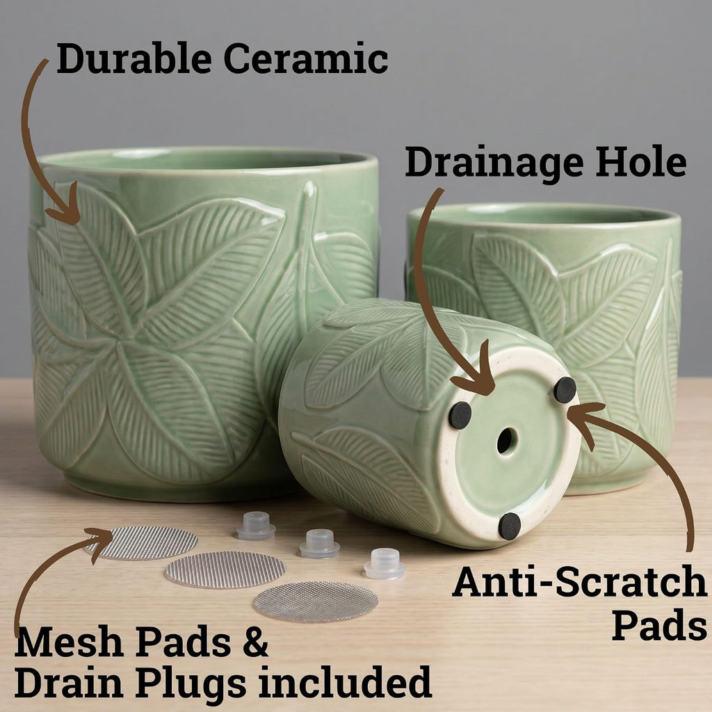 Ceramic Pots for Plants Set of 3, 6, 5, 4 Inch Diameter with Drainage Holes | Thick Durable Ceramic Pots, Plant Pots