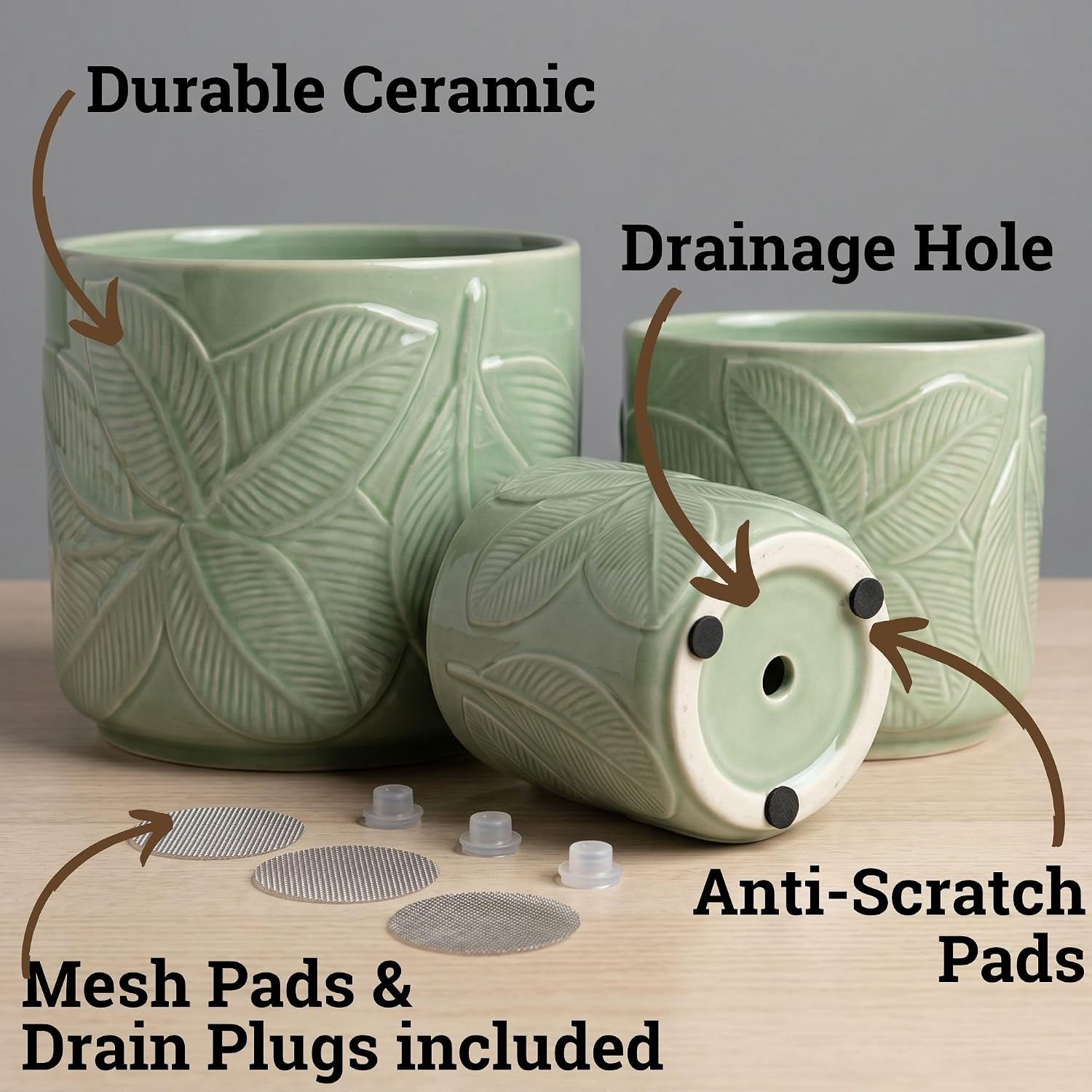Ceramic Pots for Plants Set of 3, 6, 5, 4 Inch Diameter with Drainage Holes | Thick Durable Ceramic Pots, Plant Pots