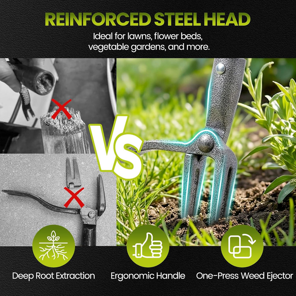 Weed Puller, Stand Up Weed Puller Tool with Steel Long Handle, 4 Claw Steel Head Weeder Tool, Handle Weeder Tool
