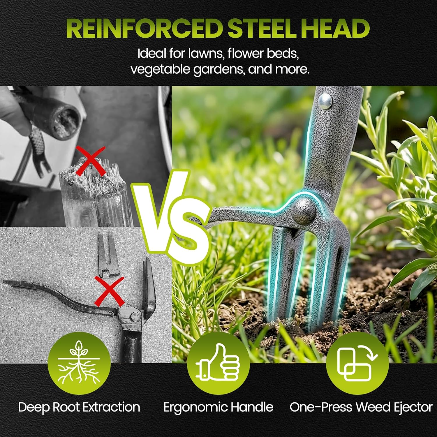 Weed Puller, Stand Up Weed Puller Tool with Steel Long Handle, 4 Claw Steel Head Weeder Tool, Handle Weeder Tool
