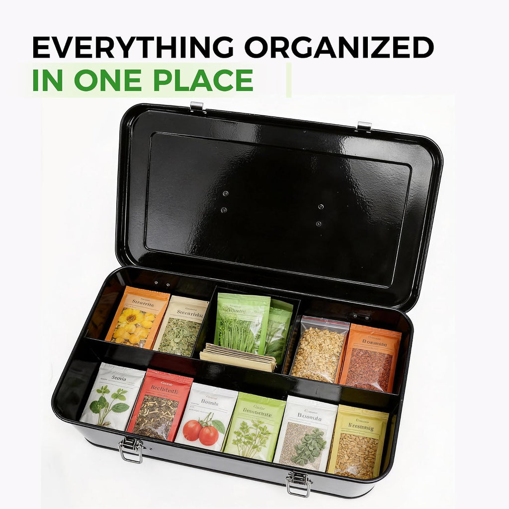 Premium Seed Organizer Box with Internal Compartments and Divider Tabs. (Black)