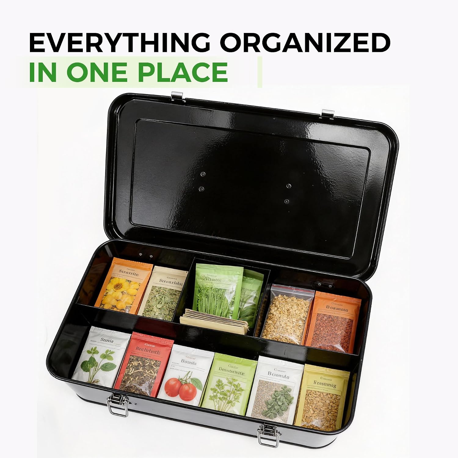 Premium Seed Organizer Box with Internal Compartments and Divider Tabs. (Black)