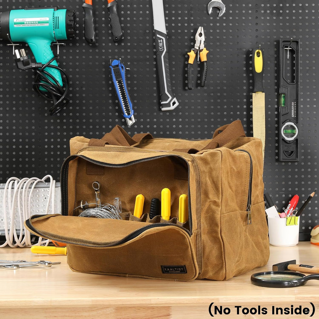 Tool Tote Bag - Large Capacity Tool Carrying Bag with 2 Zipper Pouches, Sustainable 16OZ Waxed Canvas Garden Tote for