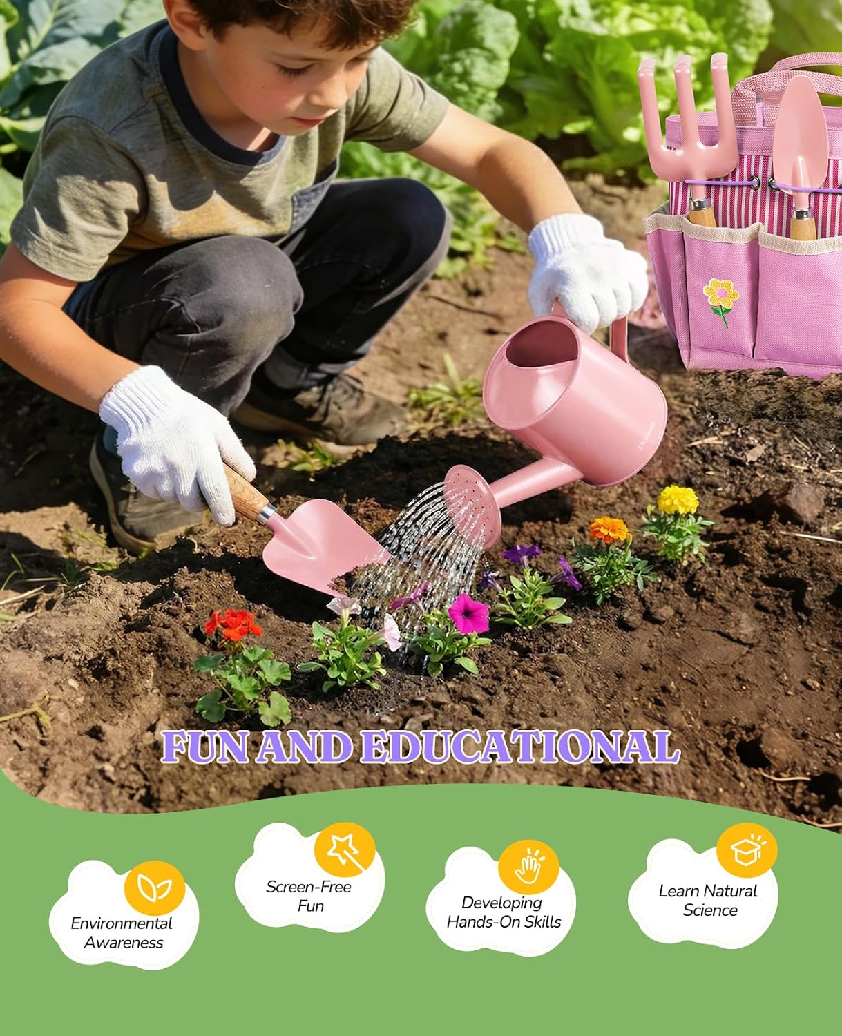8Pcs Kids Gardening Set with Real Metal Tools & Metal Basket, Pink | 3 Wooden Handles, STEM Outdoor Exploration