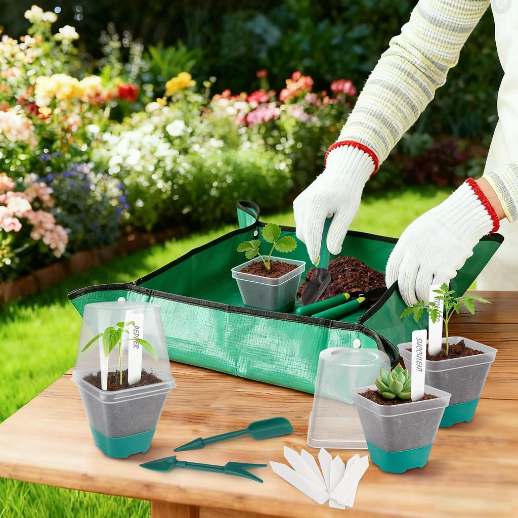 Sankoly 30 Packs Clear Nursery Pots with Plant Repotting Mat, Gloves, Labels,Humidity Domes,Seedling Tools, 3 Inch