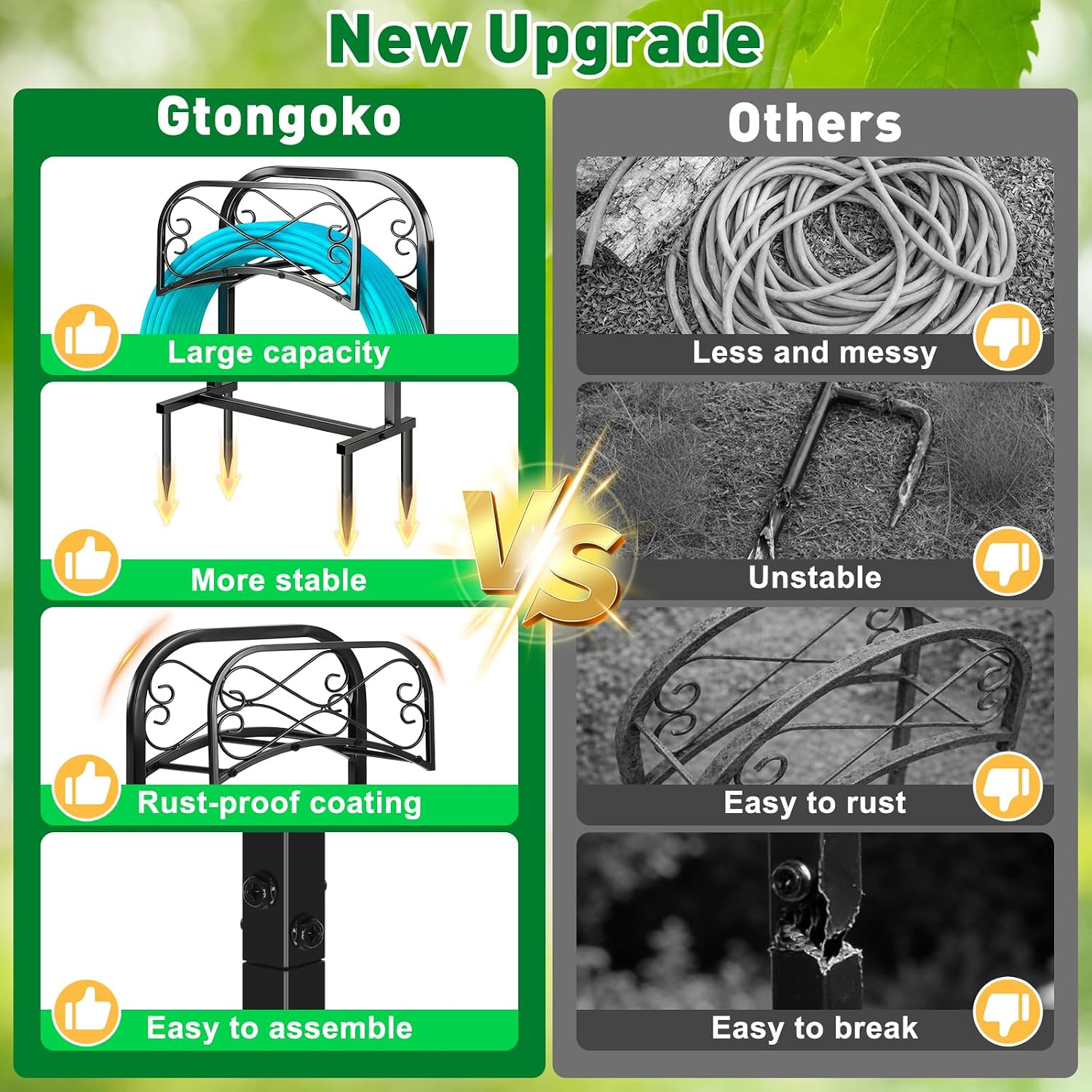 Gtongoko Garden Hose Holder for Outside 43" Heavy Duty Freestanding Water Hose Holder with 4 Stable Spikes Metal Hose
