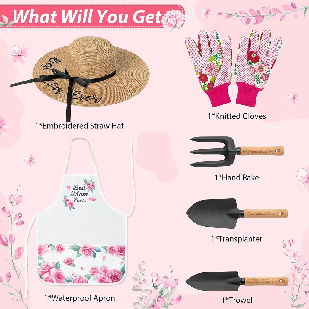 Mom Garden Tools Pink Hand Rake Transplanter Apron Trowel Straw Hat Planting Gloves Gardening Set with Box Outdoor