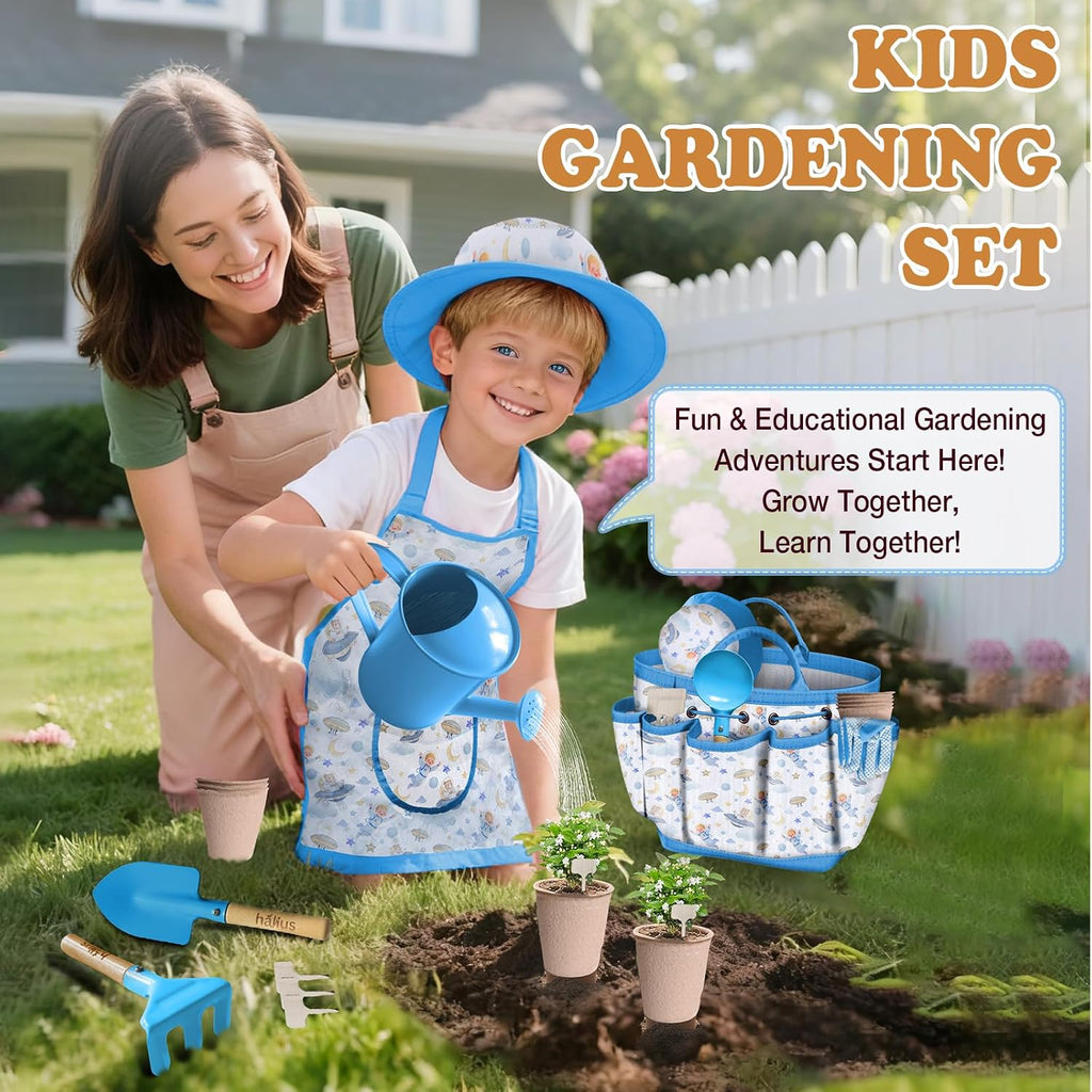 Kids Gardening Tool Set 18PCS Outdoor Toys Tote Bag Watering Can Apron Blue | Kid-Safe Ergonomic Metal Tools, Fun STEM