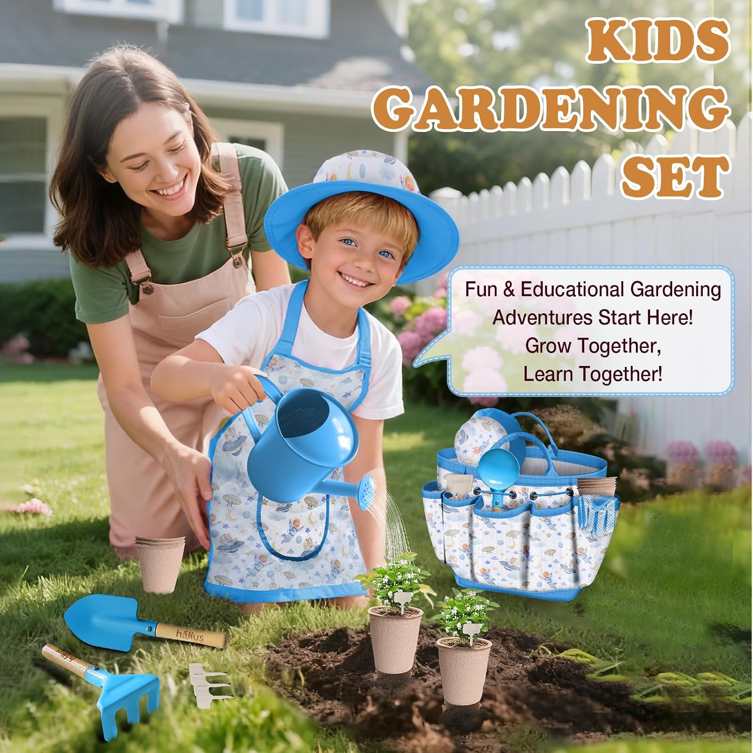 Kids Gardening Tool Set 18PCS Outdoor Toys Tote Bag Watering Can Apron Blue | Kid-Safe Ergonomic Metal Tools, Fun STEM
