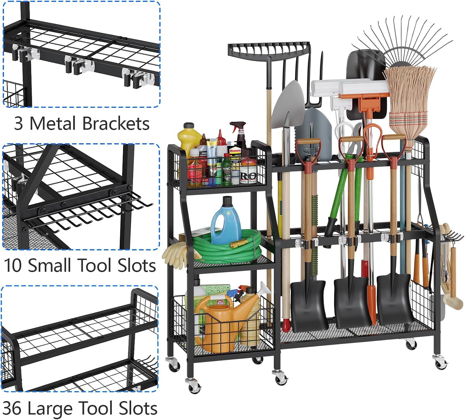 keomaisyto Heavy-Duty Garden Tool Organizer with 6 Wheels and 2 Baskets | 3 Lockable Casters, Large Metal Yard Tool