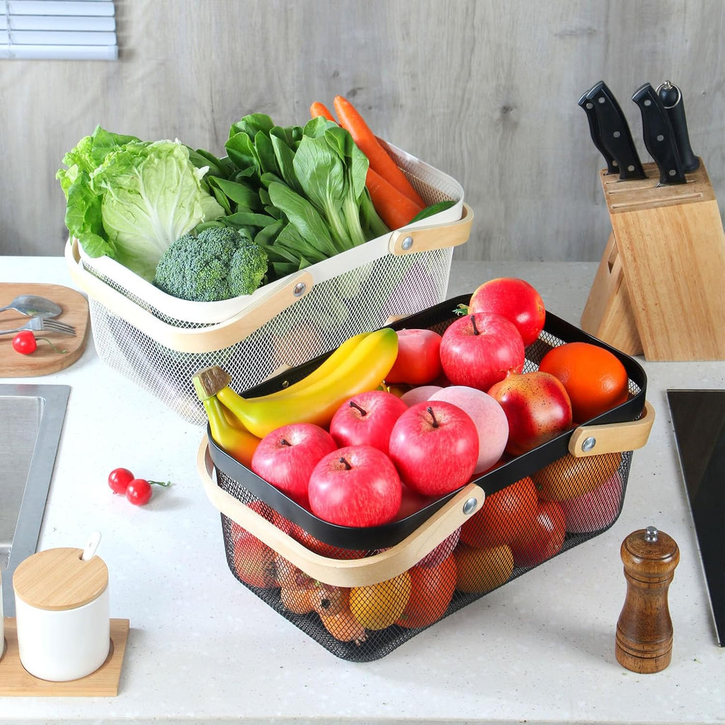 Coloful Metal Mesh Wire Basket with Foldable Wooden Handle,Bin Garden Fruit Vegetable Storage Hanging Harvest Holder