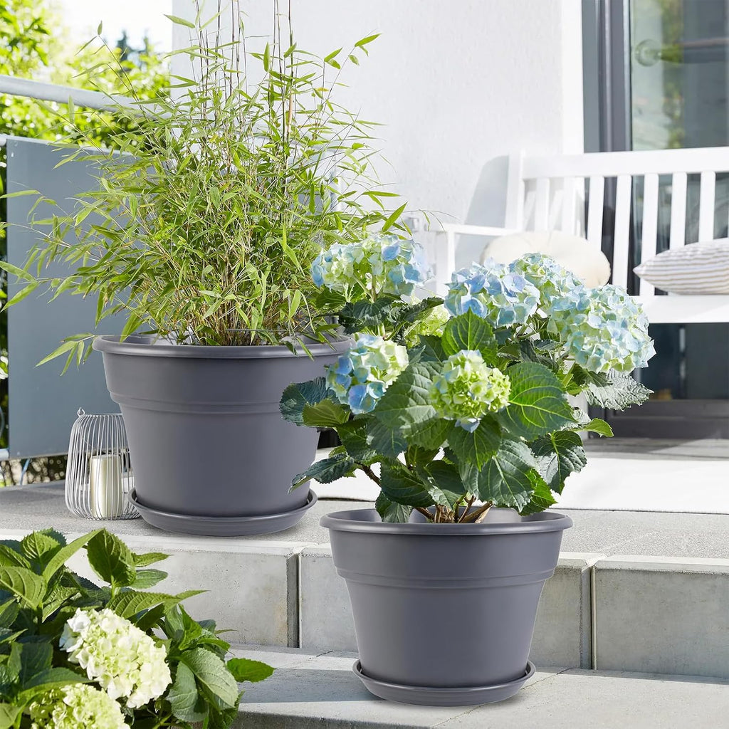 Myfeegoin 10-inch-Plant-Pots-Indoor-Outdoor, 4 Pack Plastic Planters with Drainage Holes & Saucers, Resin Flower Pots