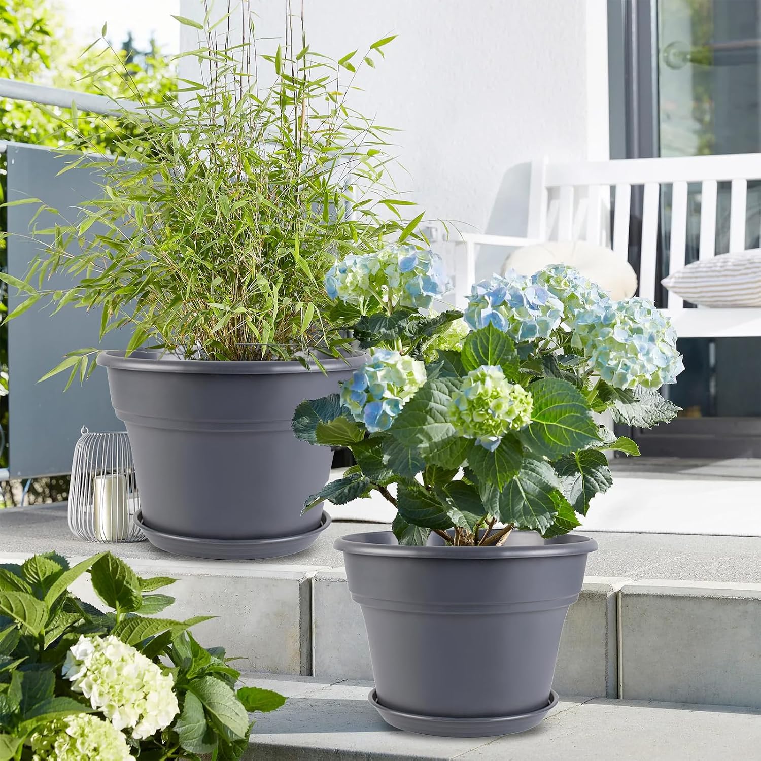 Myfeegoin 10-inch-Plant-Pots-Indoor-Outdoor, 4 Pack Plastic Planters with Drainage Holes & Saucers, Resin Flower Pots