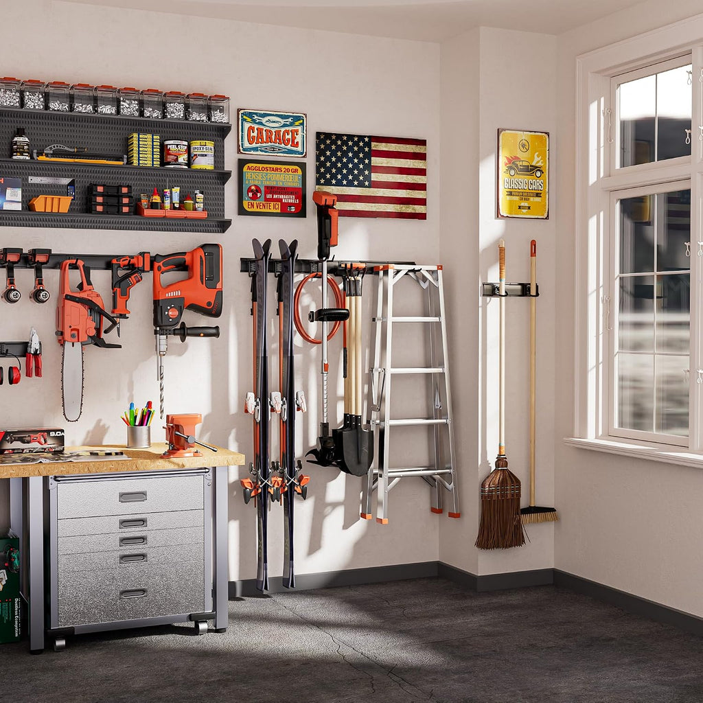 Garden Tool Organizer Wall Mount, 32 inches Tool Storage Rack with Adjustable Hooks, 600lbs Adjustable Heavy Duty Metal
