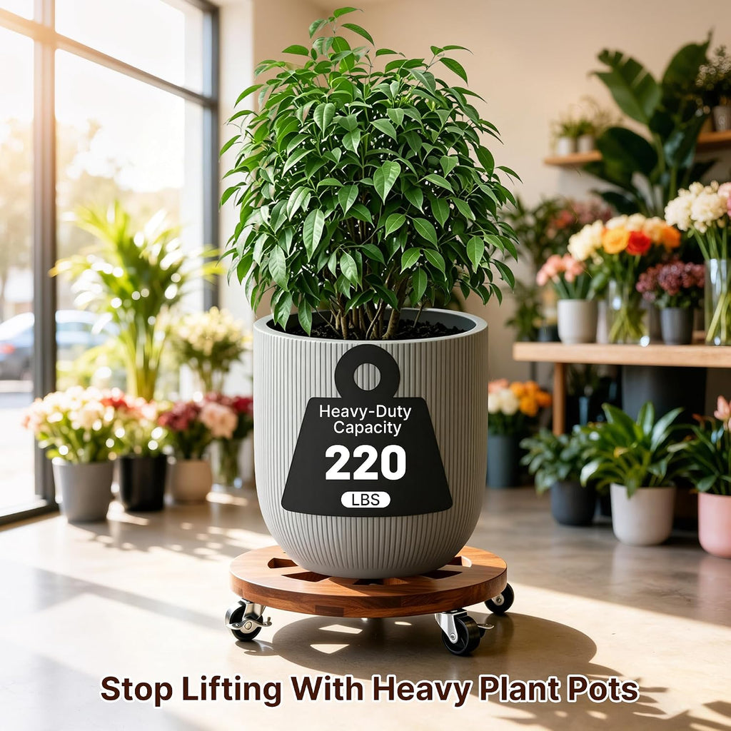 JVD 2 Pack Plant Caddy with Wheels 12'' Wood Rolling Plant Stand Outdoor Brown | Plant Stand 360° Lockable Wheels Heavy