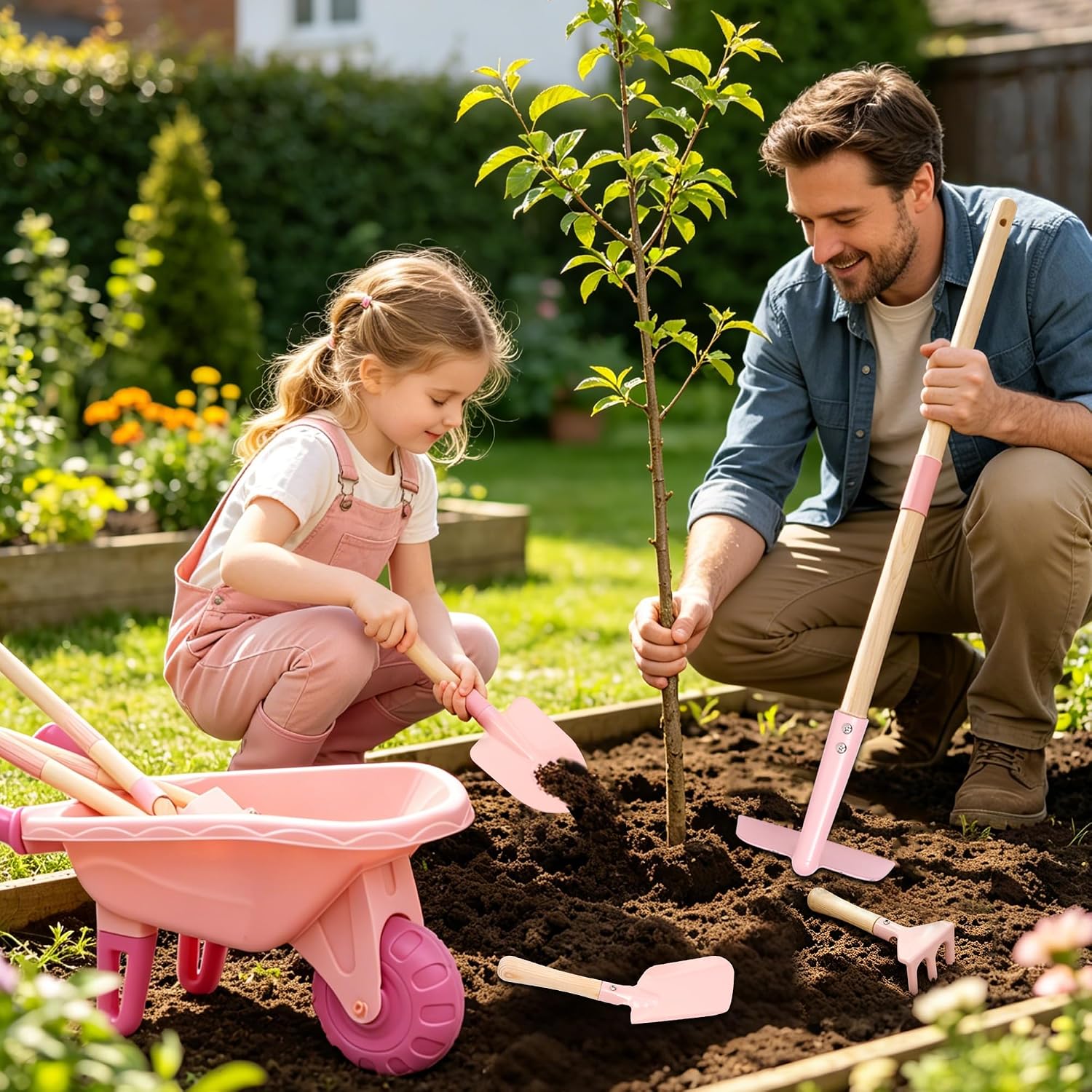 Kids Gardening Set with Wheelbarrow Birthday Gifts | Metal Kid Gardening Tools Set with Long Handle Tool, Hand Tool &