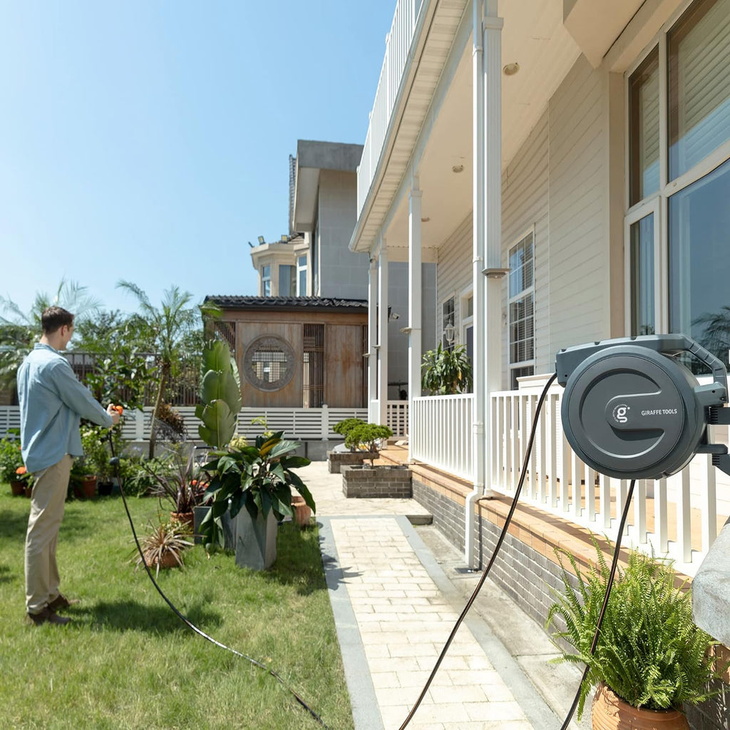 Giraffe Tools Retractable Garden Hose Reel 1/2"130FT Metal Bracket | Any Length Lock,Auto Rewind System,Wall Mount,180°