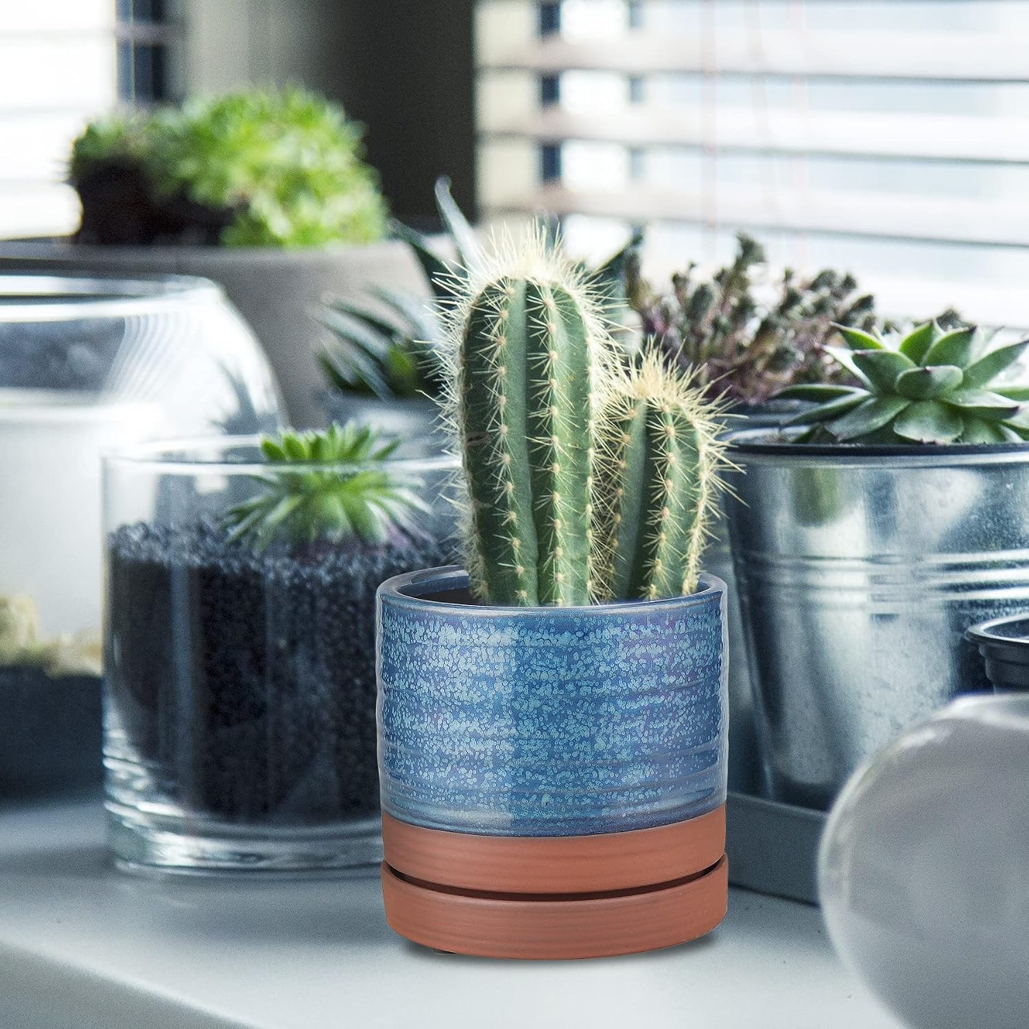HERDUK 6 Inch Plant Pots, Ceramic Planter Pot with Drainage Hole & Saucer, Indoor/Outdoor Cylinder Round Planter Pot