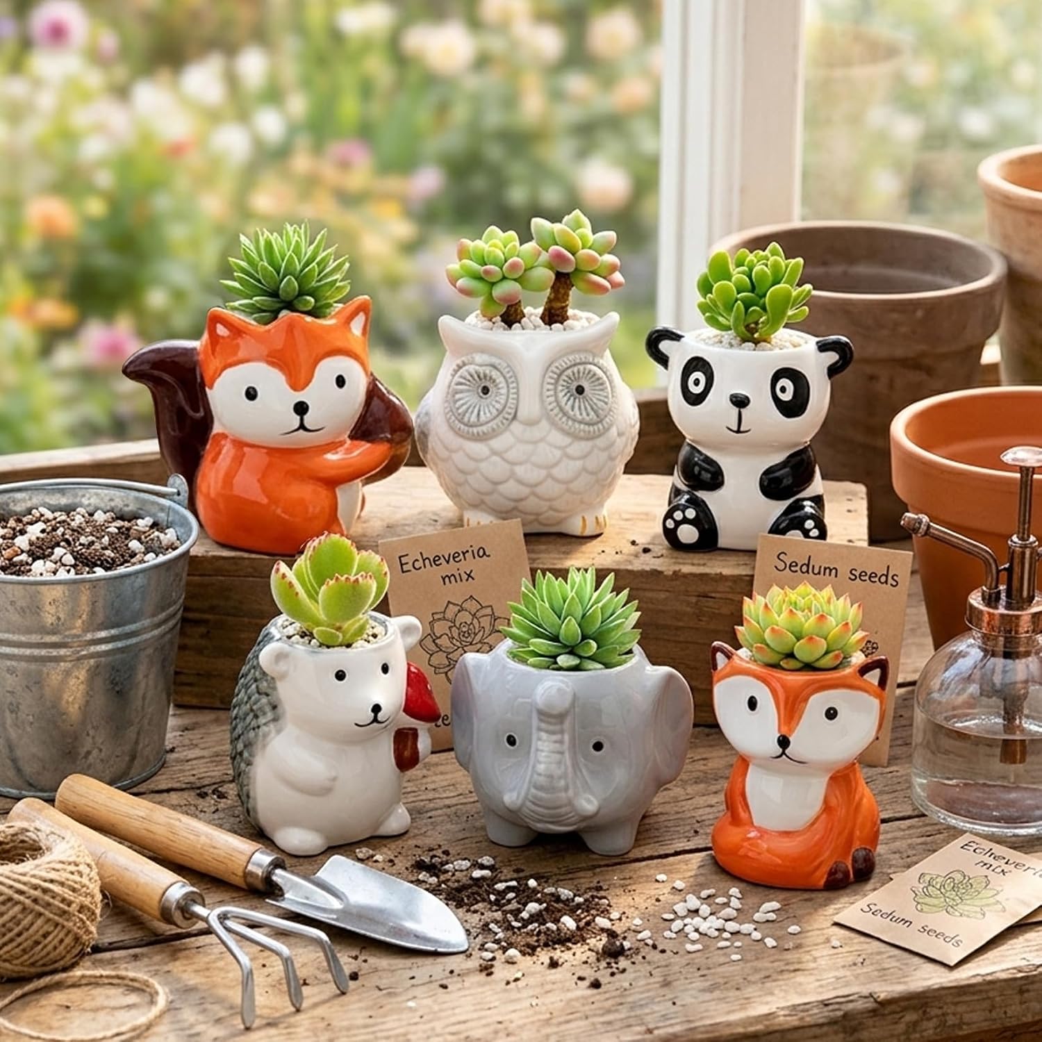 6 Pack Cute Cartoon Succulent Planters with Drainage - Small Animal Cactus Pots - Tiny Ceramic Flower Pots for Air