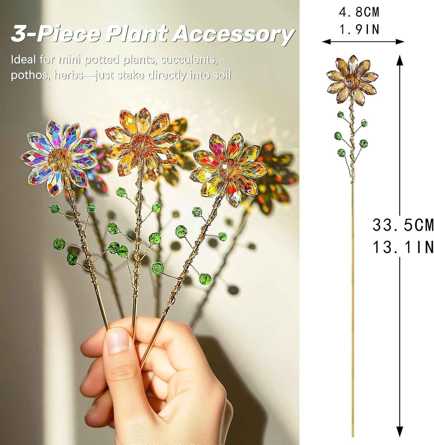 3Pcs Crystal Sunflower Suncatchers Glass Plant Suncatcher with Metal Stake