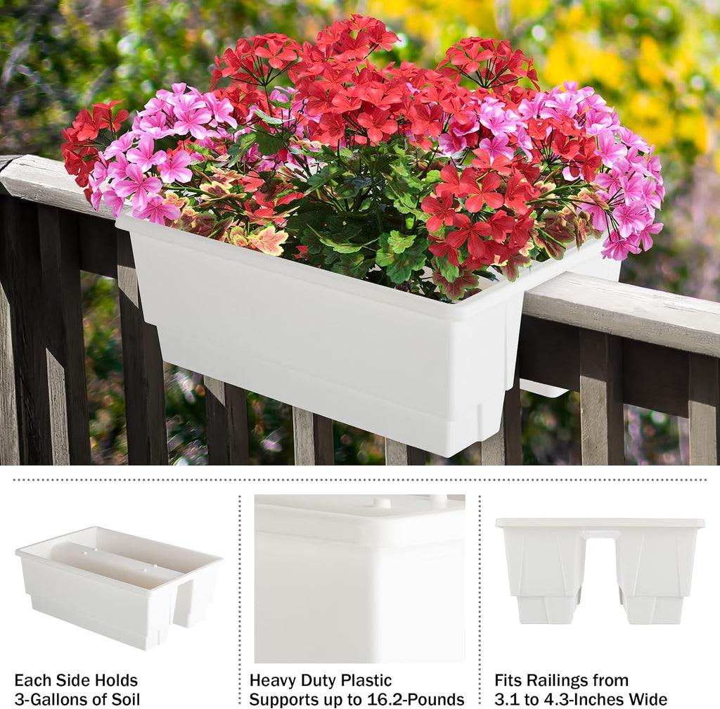 Pure Garden Railing Planter - 20.75-Inch Flower Box with Drainage Insert - 6-Gallon Outdoor Planter Box - Deck, Porch