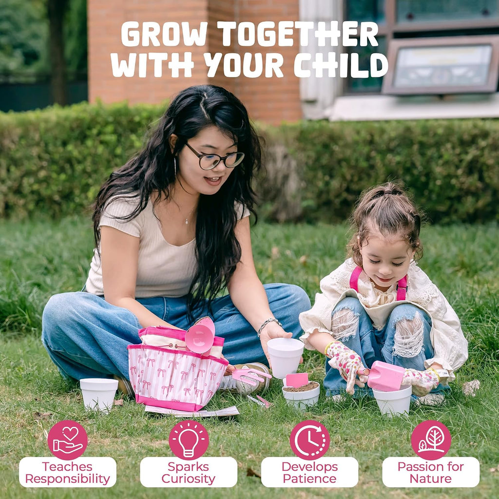 ROBUD Kids Gardening Set, Educational Outdoor STEM Gardening Toy Gift, Pink | 18 PCS Bow Theme, Storage Bag, Watering