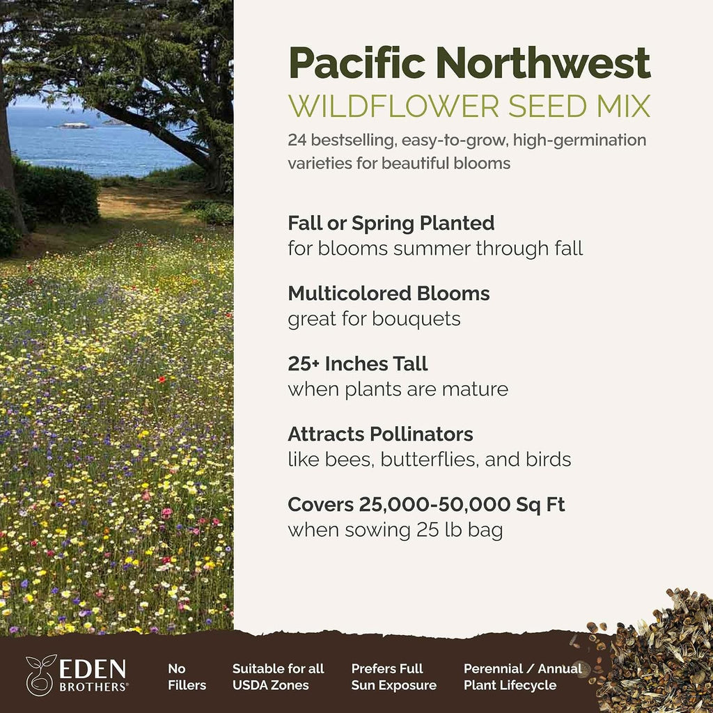 Eden Brothers Pacific Northwest Wildflower Mixed Seeds for Planting, 25 lb, 12,000,000+ Seeds with Cornflower, CA