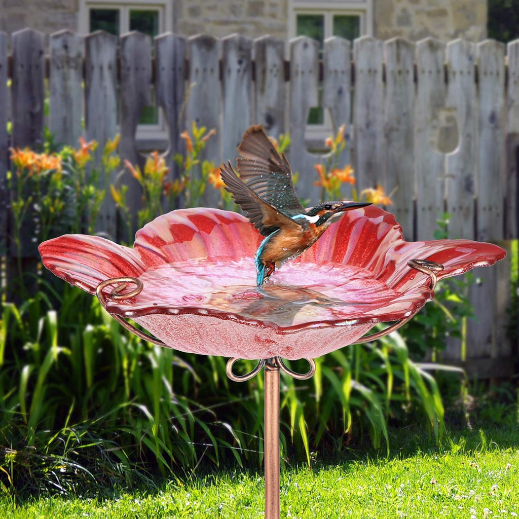 26" Glass Bird Bath, Outdoor Birdbath Bird Feeder Red Flower Metal Stake | Bird Bath for Outside with Stable Metal