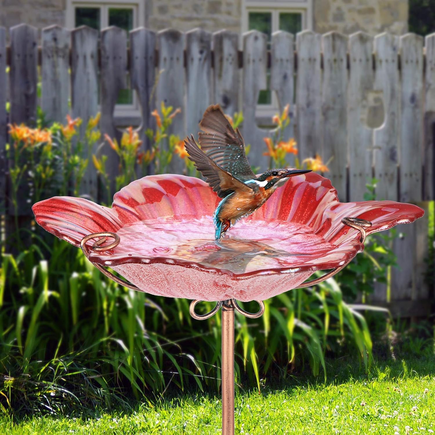 26" Glass Bird Bath, Outdoor Birdbath Bird Feeder Red Flower Metal Stake | Bird Bath for Outside with Stable Metal